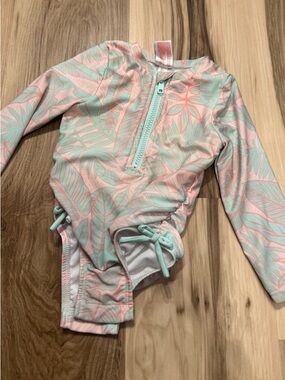 Cat & Jack Pink and Mint Leaf-Print tropical Long Sleeve One-Piece Swimsuit 18mo